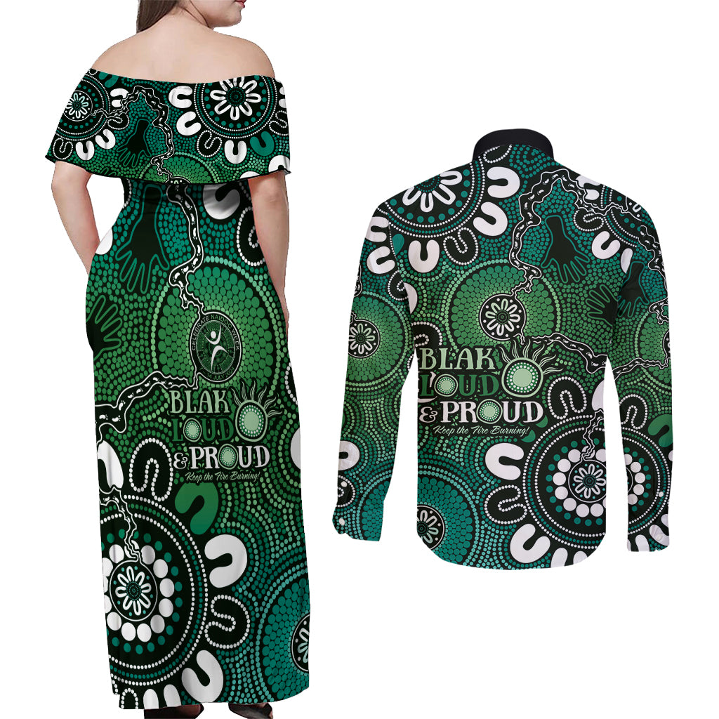 NAIDOC Week 2024 Fire Burning Couples Matching Off Shoulder Maxi Dress and Long Sleeve Button Shirt Aboriginal Dots Green Art