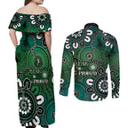 NAIDOC Week 2024 Fire Burning Couples Matching Off Shoulder Maxi Dress and Long Sleeve Button Shirt Aboriginal Dots Green Art
