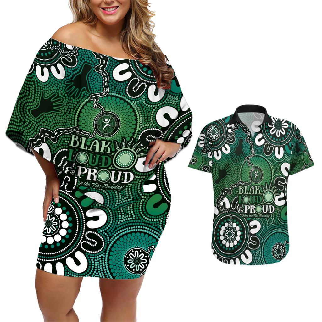 NAIDOC Week 2024 Fire Burning Couples Matching Off Shoulder Short Dress and Hawaiian Shirt Aboriginal Dots Green Art