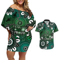 NAIDOC Week 2024 Fire Burning Couples Matching Off Shoulder Short Dress and Hawaiian Shirt Aboriginal Dots Green Art