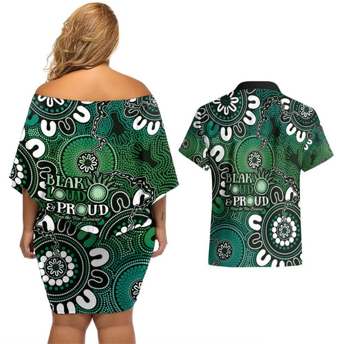 NAIDOC Week 2024 Fire Burning Couples Matching Off Shoulder Short Dress and Hawaiian Shirt Aboriginal Dots Green Art