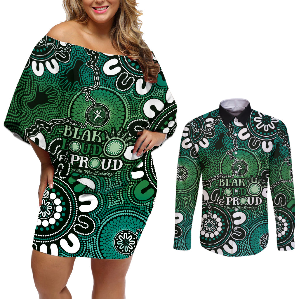 NAIDOC Week 2024 Fire Burning Couples Matching Off Shoulder Short Dress and Long Sleeve Button Shirt Aboriginal Dots Green Art