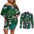 NAIDOC Week 2024 Fire Burning Couples Matching Off Shoulder Short Dress and Long Sleeve Button Shirt Aboriginal Dots Green Art