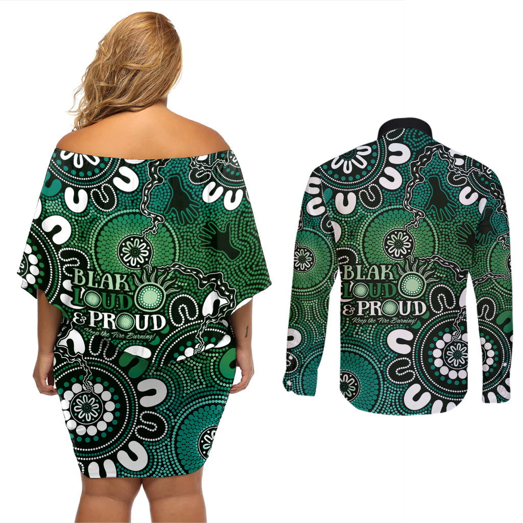 NAIDOC Week 2024 Fire Burning Couples Matching Off Shoulder Short Dress and Long Sleeve Button Shirt Aboriginal Dots Green Art