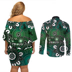 NAIDOC Week 2024 Fire Burning Couples Matching Off Shoulder Short Dress and Long Sleeve Button Shirt Aboriginal Dots Green Art