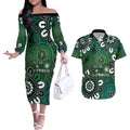 NAIDOC Week 2024 Fire Burning Couples Matching Off The Shoulder Long Sleeve Dress and Hawaiian Shirt Aboriginal Dots Green Art
