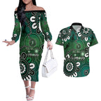 NAIDOC Week 2024 Fire Burning Couples Matching Off The Shoulder Long Sleeve Dress and Hawaiian Shirt Aboriginal Dots Green Art