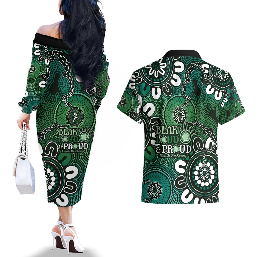 NAIDOC Week 2024 Fire Burning Couples Matching Off The Shoulder Long Sleeve Dress and Hawaiian Shirt Aboriginal Dots Green Art