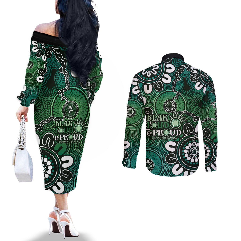 NAIDOC Week 2024 Fire Burning Couples Matching Off The Shoulder Long Sleeve Dress and Long Sleeve Button Shirt Aboriginal Dots Green Art