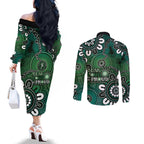 NAIDOC Week 2024 Fire Burning Couples Matching Off The Shoulder Long Sleeve Dress and Long Sleeve Button Shirt Aboriginal Dots Green Art