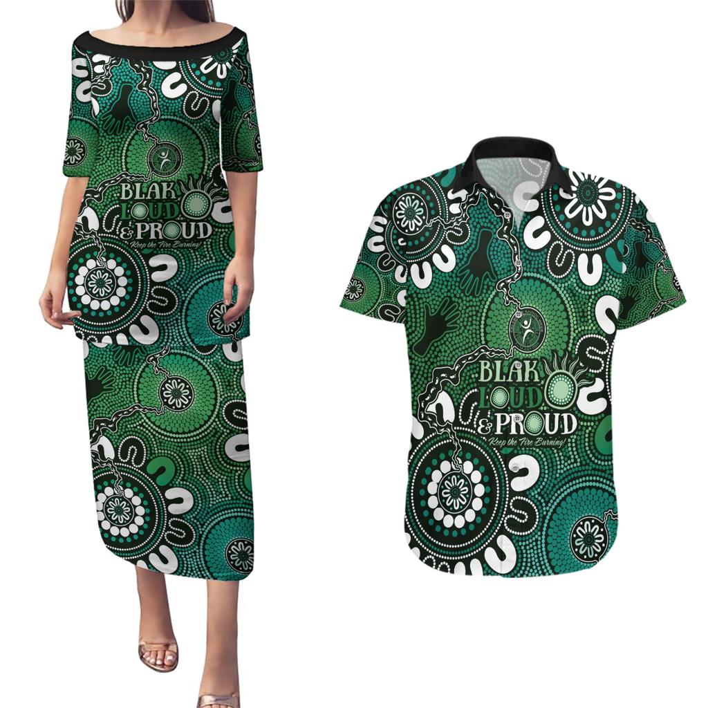 NAIDOC Week 2024 Fire Burning Couples Matching Puletasi and Hawaiian Shirt Aboriginal Dots Green Art