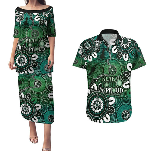 NAIDOC Week 2024 Fire Burning Couples Matching Puletasi and Hawaiian Shirt Aboriginal Dots Green Art