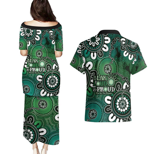 NAIDOC Week 2024 Fire Burning Couples Matching Puletasi and Hawaiian Shirt Aboriginal Dots Green Art