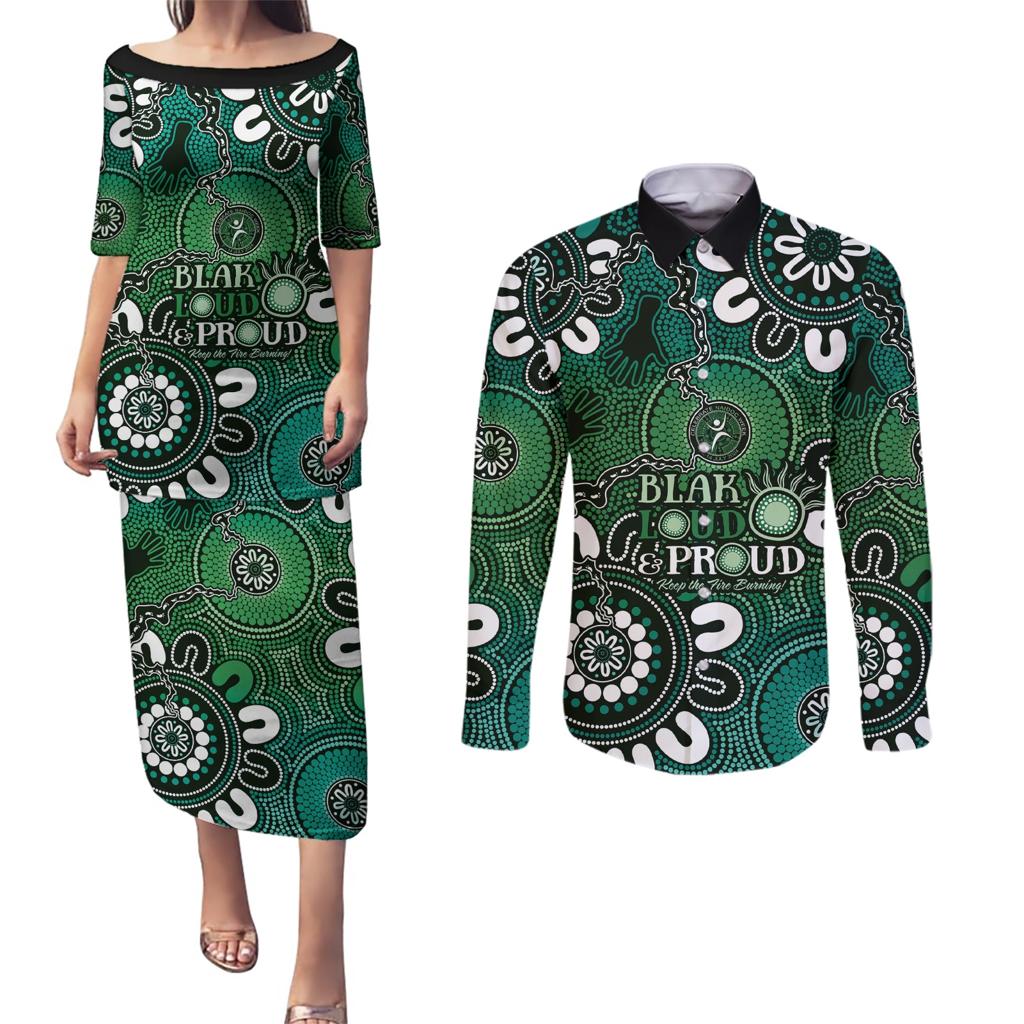 NAIDOC Week 2024 Fire Burning Couples Matching Puletasi and Long Sleeve Button Shirt Aboriginal Dots Green Art