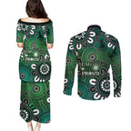 NAIDOC Week 2024 Fire Burning Couples Matching Puletasi and Long Sleeve Button Shirt Aboriginal Dots Green Art