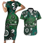 NAIDOC Week 2024 Fire Burning Couples Matching Short Sleeve Bodycon Dress and Hawaiian Shirt Aboriginal Dots Green Art