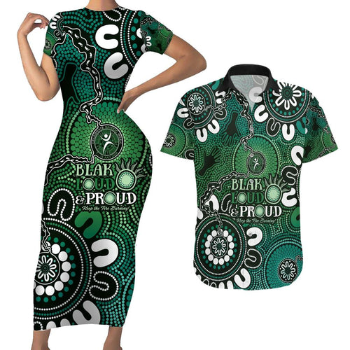NAIDOC Week 2024 Fire Burning Couples Matching Short Sleeve Bodycon Dress and Hawaiian Shirt Aboriginal Dots Green Art