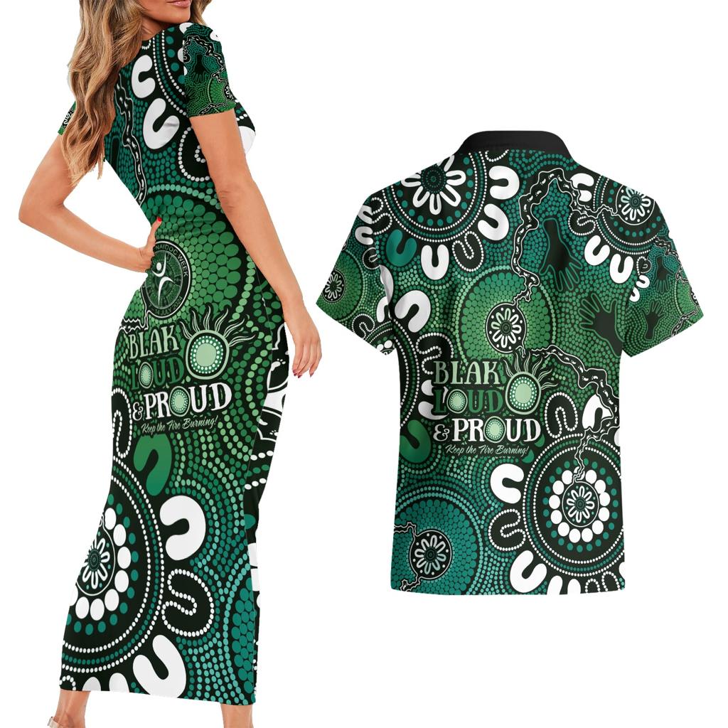 NAIDOC Week 2024 Fire Burning Couples Matching Short Sleeve Bodycon Dress and Hawaiian Shirt Aboriginal Dots Green Art