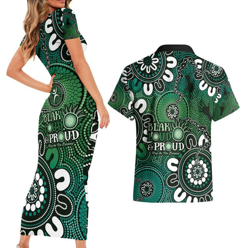 NAIDOC Week 2024 Fire Burning Couples Matching Short Sleeve Bodycon Dress and Hawaiian Shirt Aboriginal Dots Green Art