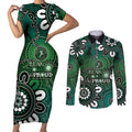 NAIDOC Week 2024 Fire Burning Couples Matching Short Sleeve Bodycon Dress and Long Sleeve Button Shirt Aboriginal Dots Green Art