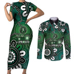 NAIDOC Week 2024 Fire Burning Couples Matching Short Sleeve Bodycon Dress and Long Sleeve Button Shirt Aboriginal Dots Green Art