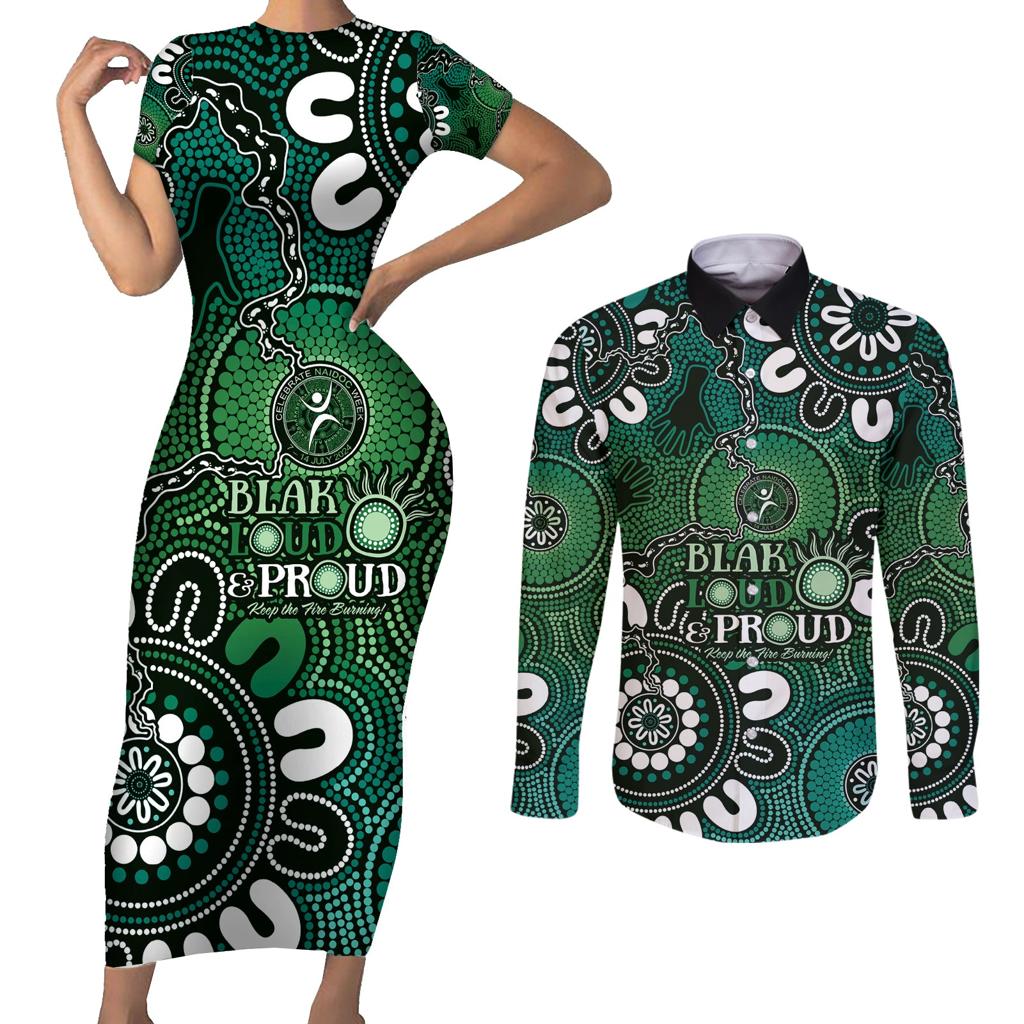 NAIDOC Week 2024 Fire Burning Couples Matching Short Sleeve Bodycon Dress and Long Sleeve Button Shirt Aboriginal Dots Green Art
