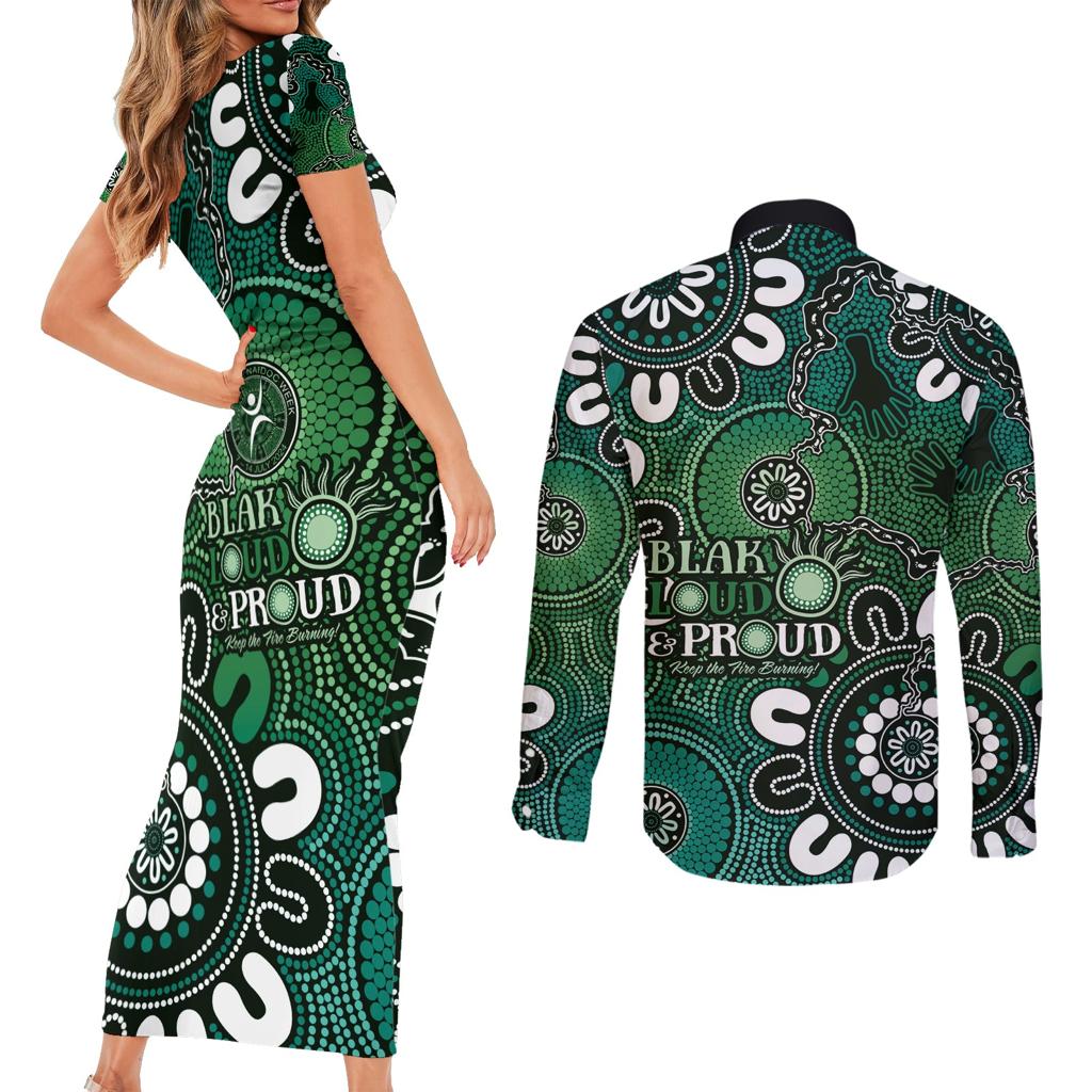 NAIDOC Week 2024 Fire Burning Couples Matching Short Sleeve Bodycon Dress and Long Sleeve Button Shirt Aboriginal Dots Green Art