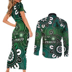NAIDOC Week 2024 Fire Burning Couples Matching Short Sleeve Bodycon Dress and Long Sleeve Button Shirt Aboriginal Dots Green Art