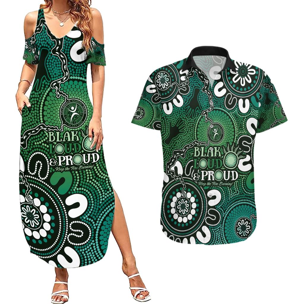 NAIDOC Week 2024 Fire Burning Couples Matching Summer Maxi Dress and Hawaiian Shirt Aboriginal Dots Green Art