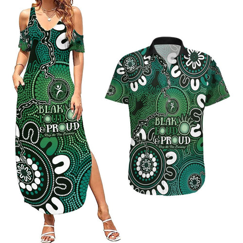 NAIDOC Week 2024 Fire Burning Couples Matching Summer Maxi Dress and Hawaiian Shirt Aboriginal Dots Green Art