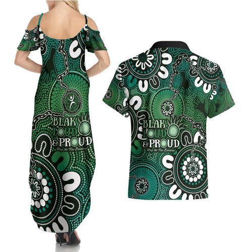 NAIDOC Week 2024 Fire Burning Couples Matching Summer Maxi Dress and Hawaiian Shirt Aboriginal Dots Green Art