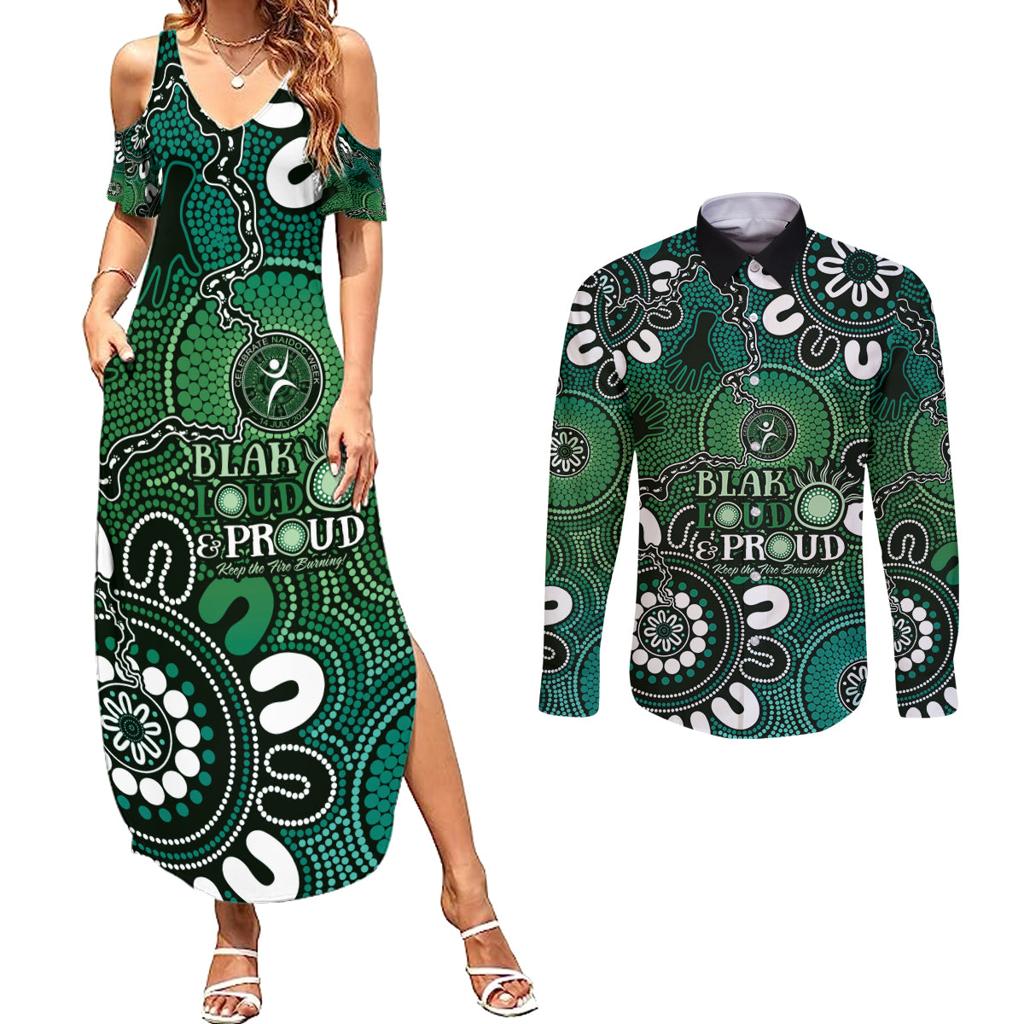 NAIDOC Week 2024 Fire Burning Couples Matching Summer Maxi Dress and Long Sleeve Button Shirt Aboriginal Dots Green Art