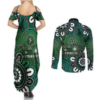 NAIDOC Week 2024 Fire Burning Couples Matching Summer Maxi Dress and Long Sleeve Button Shirt Aboriginal Dots Green Art