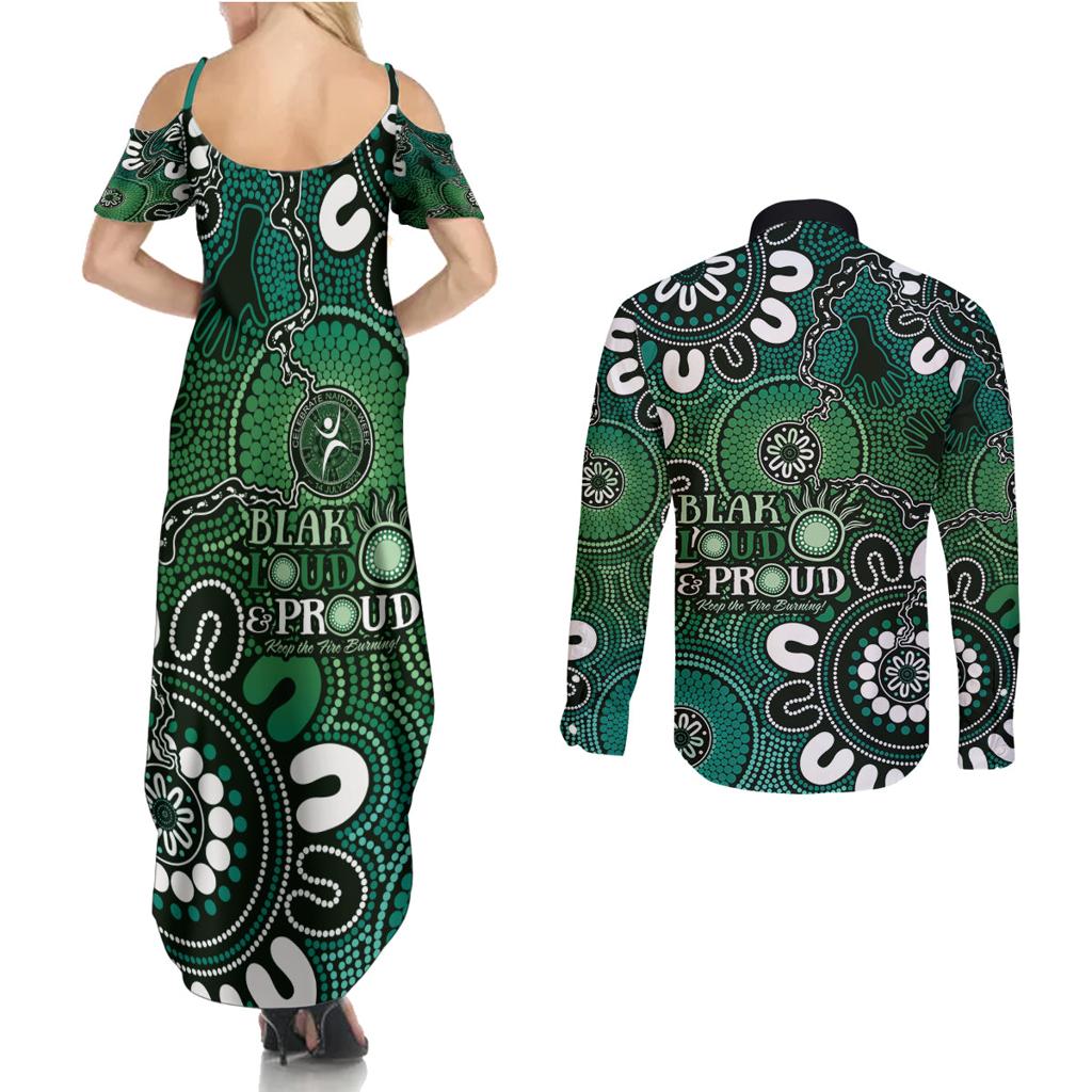 NAIDOC Week 2024 Fire Burning Couples Matching Summer Maxi Dress and Long Sleeve Button Shirt Aboriginal Dots Green Art