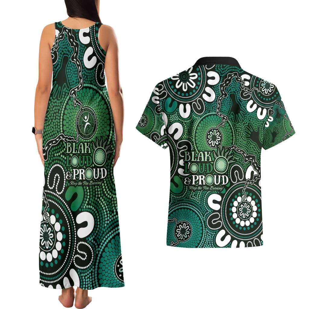 NAIDOC Week 2024 Fire Burning Couples Matching Tank Maxi Dress and Hawaiian Shirt Aboriginal Dots Green Art