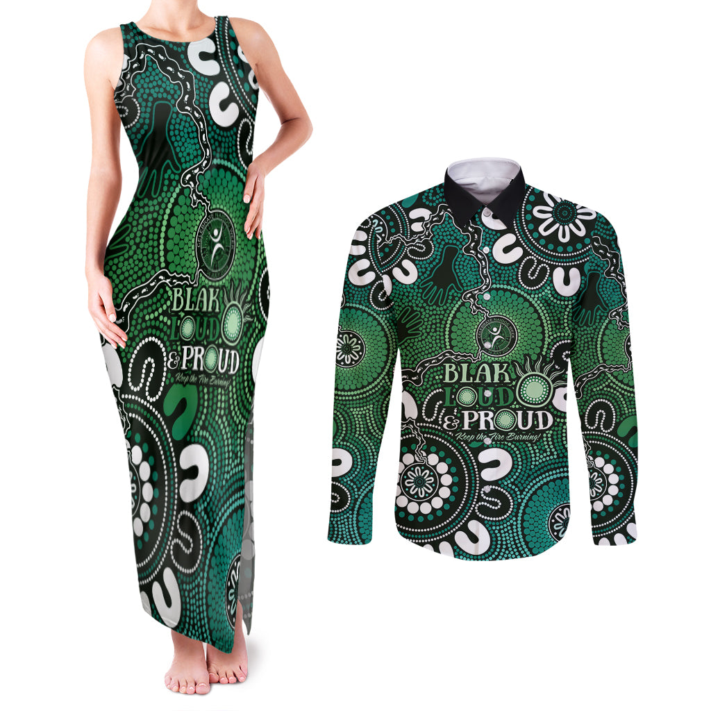 NAIDOC Week 2024 Fire Burning Couples Matching Tank Maxi Dress and Long Sleeve Button Shirt Aboriginal Dots Green Art