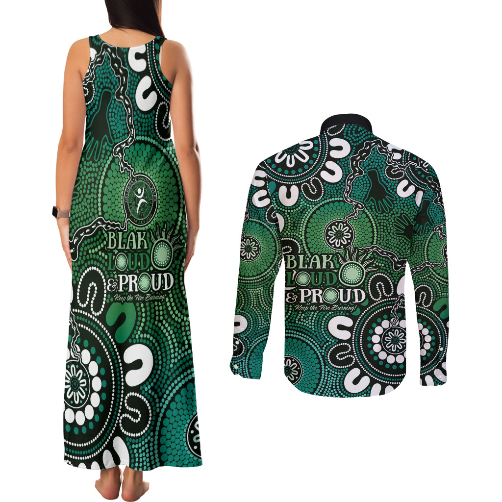 NAIDOC Week 2024 Fire Burning Couples Matching Tank Maxi Dress and Long Sleeve Button Shirt Aboriginal Dots Green Art