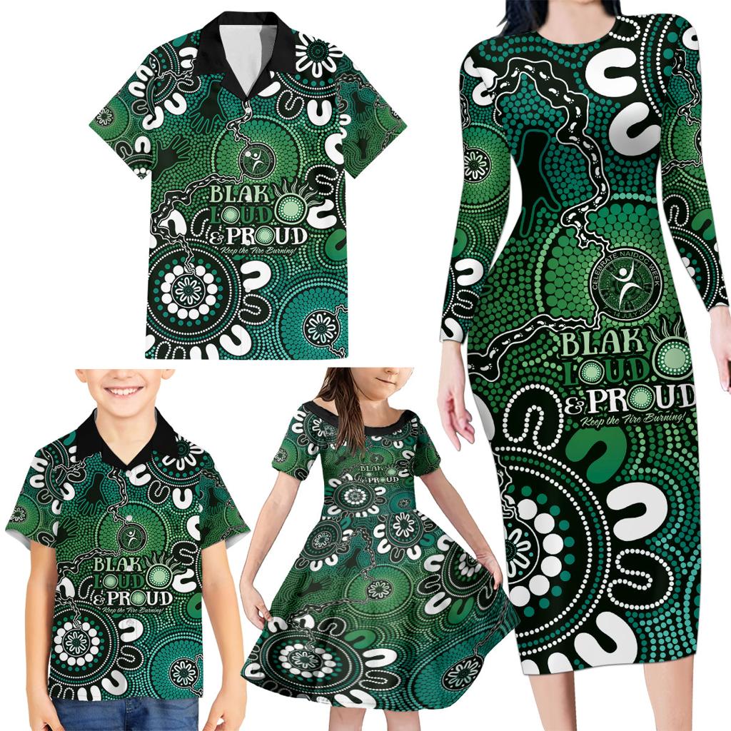 NAIDOC Week 2024 Fire Burning Family Matching Long Sleeve Bodycon Dress and Hawaiian Shirt Aboriginal Dots Green Art