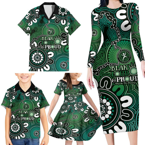 NAIDOC Week 2024 Fire Burning Family Matching Long Sleeve Bodycon Dress and Hawaiian Shirt Aboriginal Dots Green Art