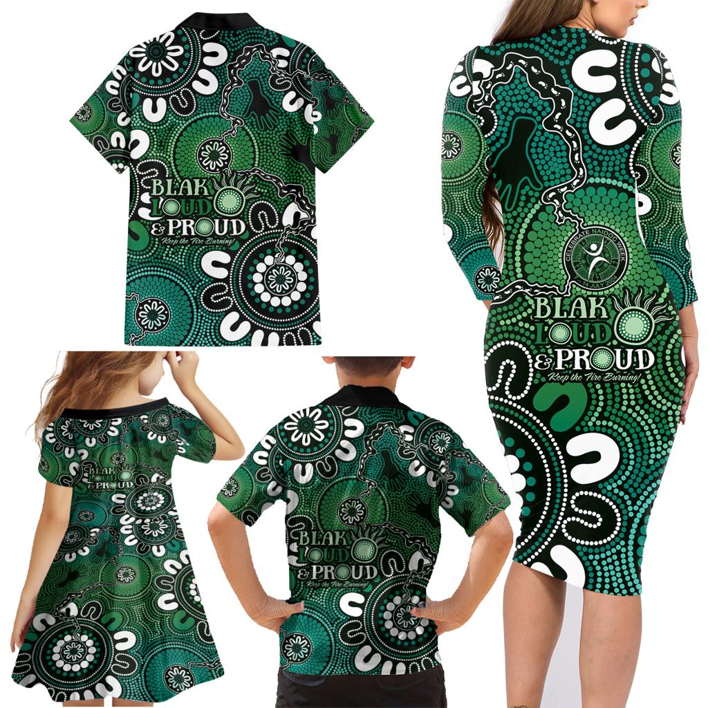 NAIDOC Week 2024 Fire Burning Family Matching Long Sleeve Bodycon Dress and Hawaiian Shirt Aboriginal Dots Green Art