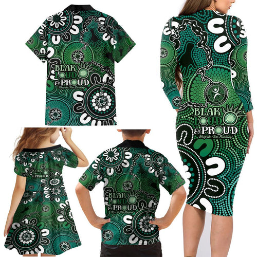 NAIDOC Week 2024 Fire Burning Family Matching Long Sleeve Bodycon Dress and Hawaiian Shirt Aboriginal Dots Green Art
