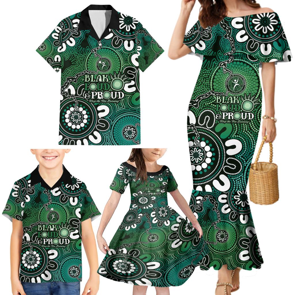 NAIDOC Week 2024 Fire Burning Family Matching Mermaid Dress and Hawaiian Shirt Aboriginal Dots Green Art