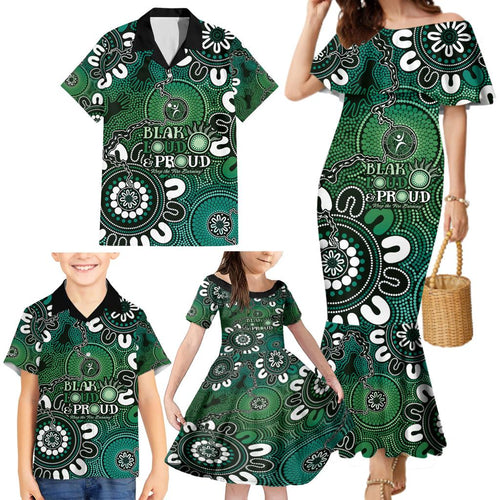 NAIDOC Week 2024 Fire Burning Family Matching Mermaid Dress and Hawaiian Shirt Aboriginal Dots Green Art