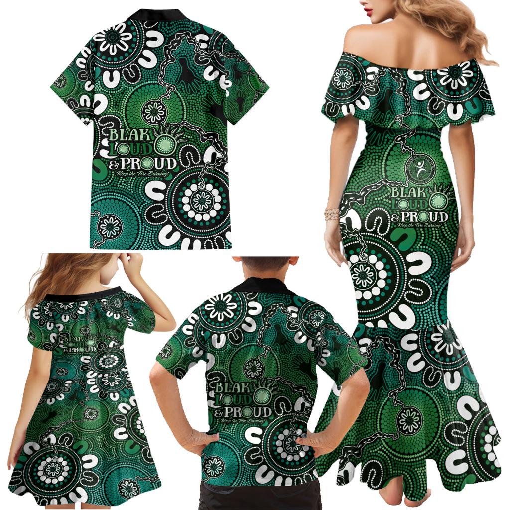 NAIDOC Week 2024 Fire Burning Family Matching Mermaid Dress and Hawaiian Shirt Aboriginal Dots Green Art