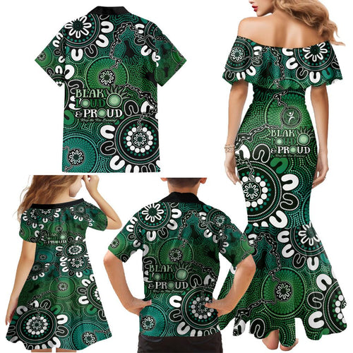 NAIDOC Week 2024 Fire Burning Family Matching Mermaid Dress and Hawaiian Shirt Aboriginal Dots Green Art