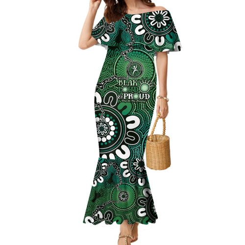NAIDOC Week 2024 Fire Burning Family Matching Mermaid Dress and Hawaiian Shirt Aboriginal Dots Green Art