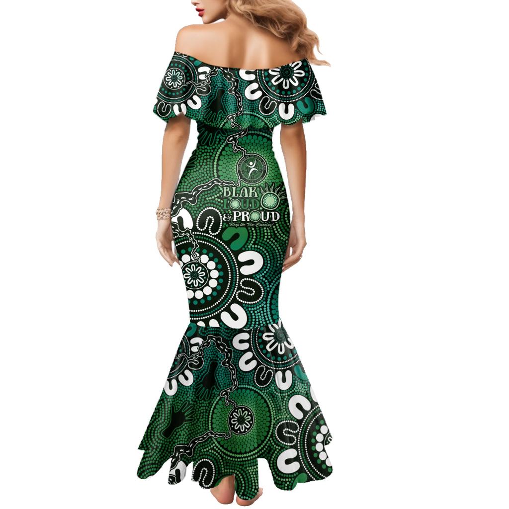 NAIDOC Week 2024 Fire Burning Family Matching Mermaid Dress and Hawaiian Shirt Aboriginal Dots Green Art