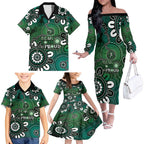 NAIDOC Week 2024 Fire Burning Family Matching Off The Shoulder Long Sleeve Dress and Hawaiian Shirt Aboriginal Dots Green Art