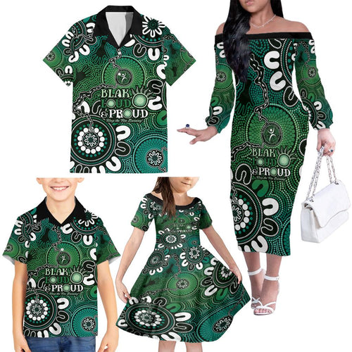 NAIDOC Week 2024 Fire Burning Family Matching Off The Shoulder Long Sleeve Dress and Hawaiian Shirt Aboriginal Dots Green Art