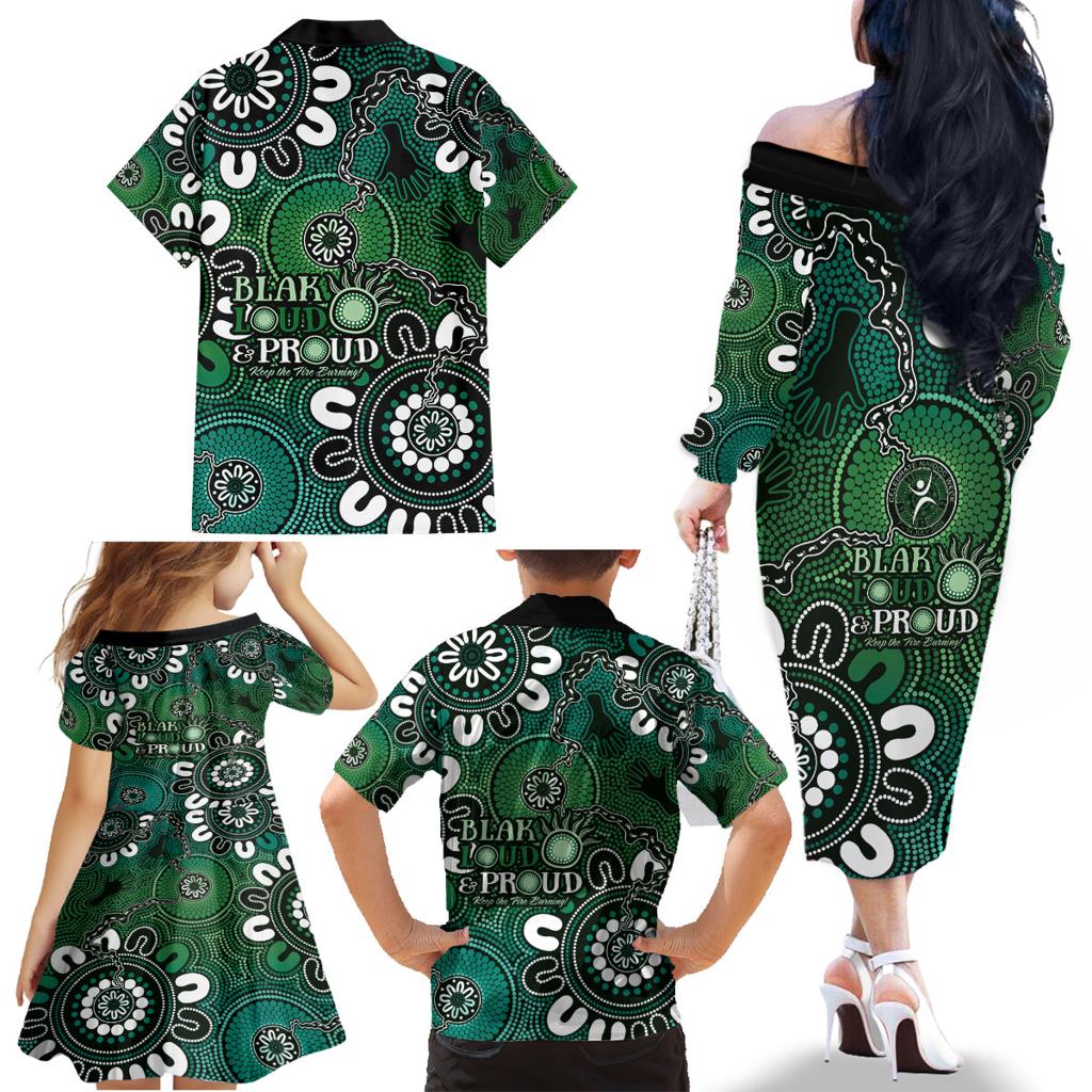 NAIDOC Week 2024 Fire Burning Family Matching Off The Shoulder Long Sleeve Dress and Hawaiian Shirt Aboriginal Dots Green Art
